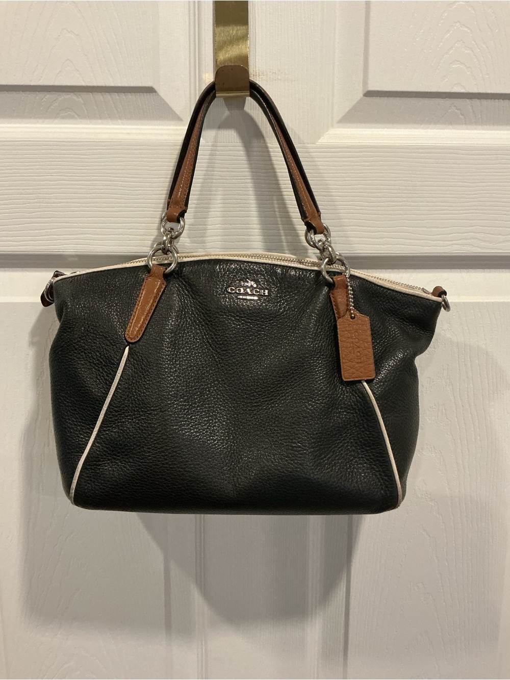 Coach Black Pebbled Leather Shoulder Bag with Brown Handles